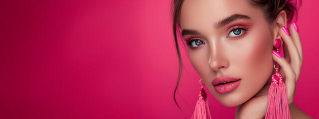 Beautiful model girl with pink fuchsia manicure on nails . Fashion makeup and cosmetics . Large earrings tassels jewelry Magenta color . Luxury fashion style. - obrazy, fototapety, plakaty