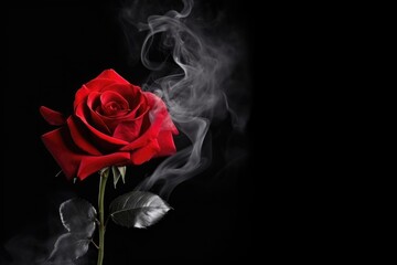 Red rose and smoke on black background. Smoke and Rose, copy space. Rose wrapped in smoke swirl. Concept of smoky elegance. Valentine's day, Mother's day, Women's Day, Wedding and love concept