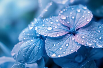 macro shot of water drops on blue leaves