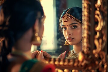 Reflections of Elegance: Neoclassical Portrait of a Sari-Clad Beauty generative ai