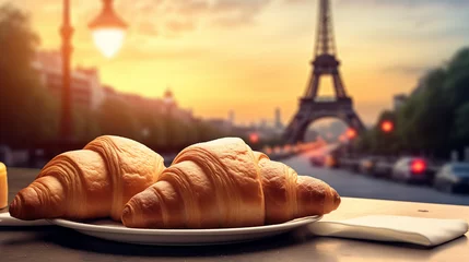 Fotobehang cup of coffee and croissant eiffel tower © Maru_sua
