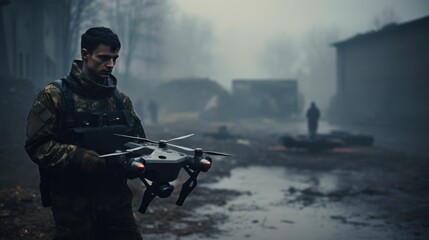 Drone reconnaissance operator soldier in dark forest in fog