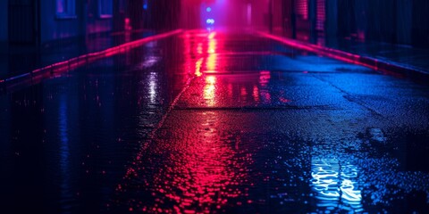 Naklejka premium A rainy night scene with vibrant reflections of neon lights on the wet city street.