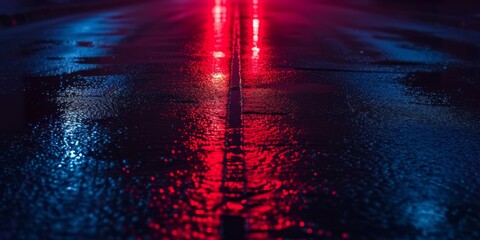 A wet road at night reflecting the intense red glow of a traffic light.