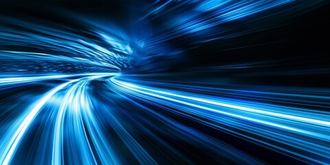 A dynamic blue light stream representing speed and technology in a dark background.