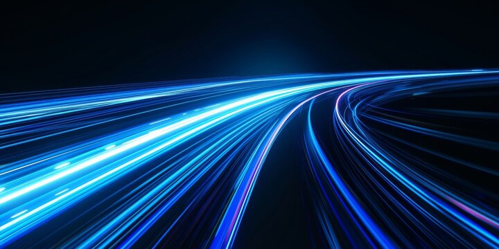 Blue light trails create a dynamic and futuristic abstract image representing speed and technology.