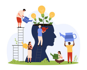Creative mind, personal growth and ideas development. Tiny people grow and water light bulb trees inside intelligent human brain, change thoughts and vision with knowledge cartoon vector illustration