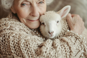 close-up shows an elderly woman in a knit sweater with a serene expression, hugging a lamb. The image radiates tenderness and the joy of inter-species friendship, animal therapy.