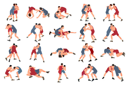 Collection of colored silhouettes of wrestlers in profile, isolated vector