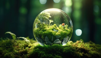 crystal globe on moss in a forest - obrazy, fototapety, plakaty