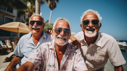 Old mature men friends meeting in city beach cafe and go to drink cocktails