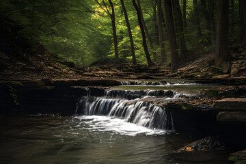Beautiful waterfall in the forest at the beginning of the summer.