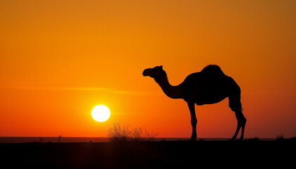 The silhouette of a camel stands against a vibrant orange sunset on the horizon, creating a peaceful and exotic desert scene