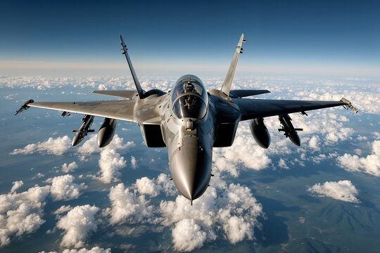 Caza de combate volando a trav&eacute;s del cielo sobre las nubes