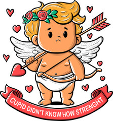 Cupid with bow and arrow. Valentines Day Greeting Card, T-Shirt and Product Print. Angel Illustration.