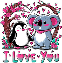 Cute Koala and Penguin in Love, Happy Valentines Day, Animals Illustration.