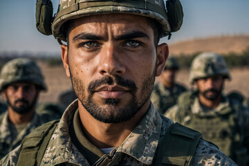 Un hombre vestido con un uniforme militar mira directamente a la cámara. - obrazy, fototapety, plakaty