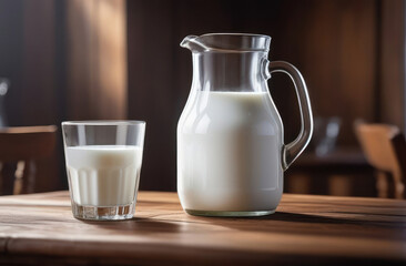 a jug of milk and a glass of milk on a wooden table in a country house. Healthy foods, clean eating, lactation deficiency, diet