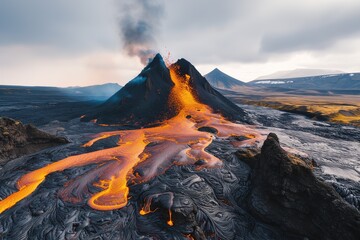 Spectacular landscape of an erupting volcano in Iceland surrounded by other hills showing the large expanse of land around the volcano