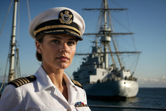 Mujer en uniforme naval frente a un barco