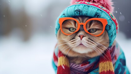Cute cat with glasses dressed in colorful winter outfit