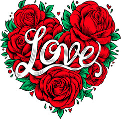 Love hand lettering with red roses in heart shape. Valentines day greeting card illustration.