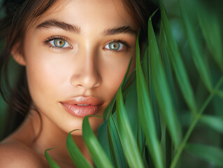 A striking close-up portrait of a young woman with piercing blue eyes and a serene expression, partially obscured by lush green leaves, evoking a connection to the natural world