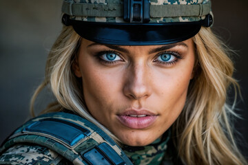Mujer en uniforme militar con ojos azules - obrazy, fototapety, plakaty
