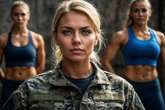 Mujer en uniforme militar frente a otras dos mujeres