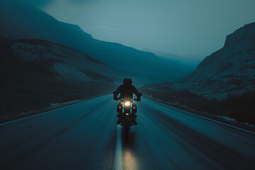 Motorcyclist on a Highway at Twilight with Distant Lightning