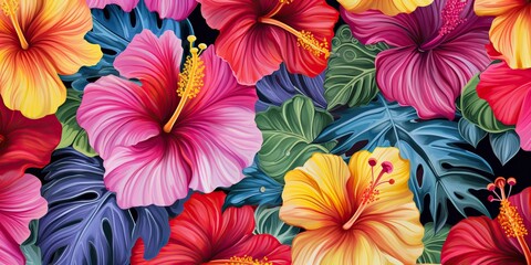 Fototapeta premium Drawing painting graphic art decoration background hibiscus floral flowers pattern
