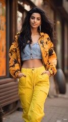 Casually Confident: Young Indian Woman Strolls the Street in Trendy Attire generative ai
