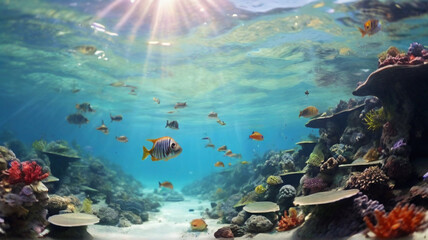 Fototapeta na wymiar Majestic view of colorful tropical underwater with lots of fishes and coral reefs ,microbial diversity of Pacific ocean under sun rays, clean untouched ecosystem.