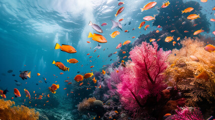 Fototapeta na wymiar Underwater Photography: Explore the fascinating world beneath the surface with underwater wildlife photography. Capture images of colorful coral reefs, schools of fish. Generative AI