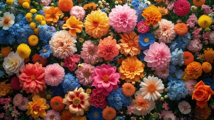 Tapeta z wieloma gatunkami kolorowych kwiatów. Tlo - obrazy, fototapety, plakaty