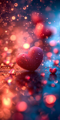 Glittered hearts on bokeh background. Valentines day greeting card. Screen for smartphone.