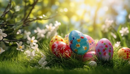 Various Colorful Easter Golden eggs and spring flowers on white background