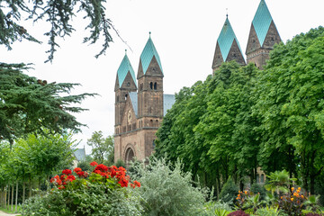 old Bad Homburg Church of Redeemer, residence Landgraves of Hesse-Homburg, beautiful flower beds in cultivated epoch-spanning English palace park