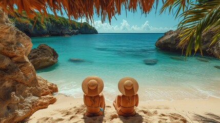 Dwie kobiety w kapeluszach, siedzą na plaży w tropikalnej zatoce na wakacjach pod liśćmi palmy.