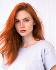 Fototapeta premium Portrait of a beautiful young woman with red hair on white background