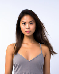 Portrait of a beautiful asian woman with long hair on white background