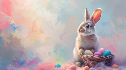 An enchanting Easter bunny beside a nest of pastel-colored eggs amidst a magical, ethereal floral backdrop..