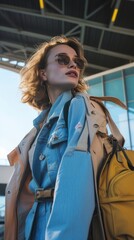 Airport Chic: Editorial Fashion Photography Captures Haute Couture Effortlessness with Casual Styling and Pop Bright Colors generative ai - obrazy, fototapety, plakaty