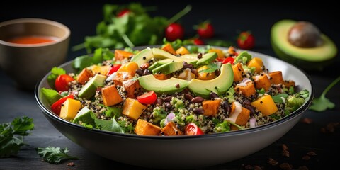vibrant bowl of quinoa salad featuring creamy avocado, sweet potato chunks, and protein-rich beans sits against a sleek gray backdrop. This superfood concept promotes healthy, clean eating,  - obrazy, fototapety, plakaty