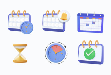 3D icons about time and date. Contains such icons as clock, schedule, calendar and hourglass. 3D vector illustration