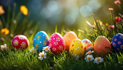 Various Colorful Easter Golden eggs and spring flowers on white background