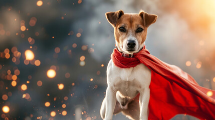 Adorable dog in red superhero cape. dog wearing a superhero costume, studio shot. Portrait of superhero dog wearing red cape, jumping like a super hero