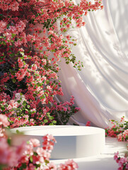 Fototapeta na wymiar White podium, red flowers, white fabric
