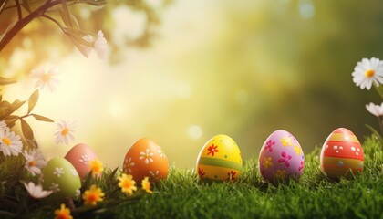 Various Colorful Easter Golden eggs and spring flowers on white background