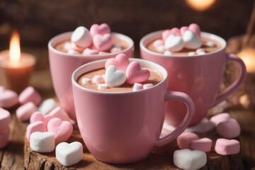 Fototapeta na wymiar Valentine's Day. Close-up cup of hot cocoa with marshmallows in shape of hearts on wooden table background